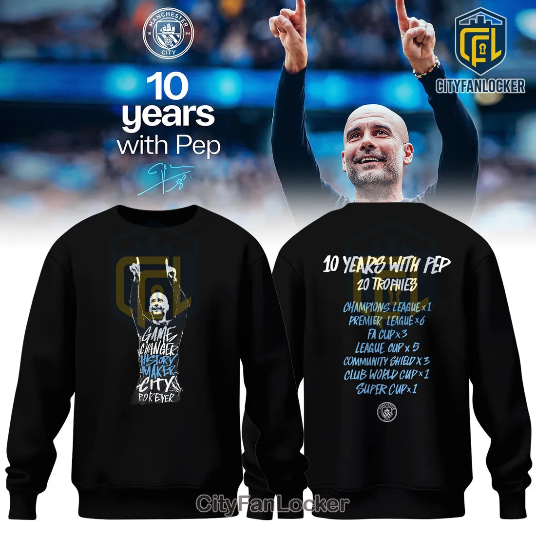 Manchester City Pep Guardiola 10 Years 20 Trophies Tribute Shirt