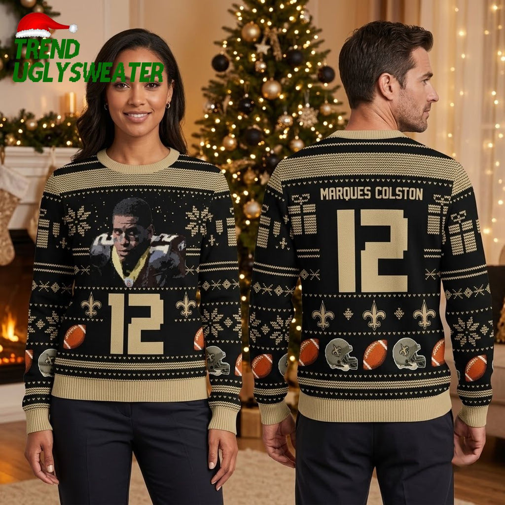 Marques Colston 12 New Orleans Saints Football Helmet Ugly Christmas Sweater