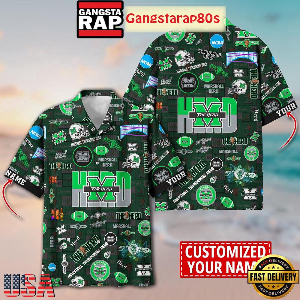 Marshall Thundering Herd Solgan The Herd True Fan Spirit Custom Name Aloha Hawaiian Shirt