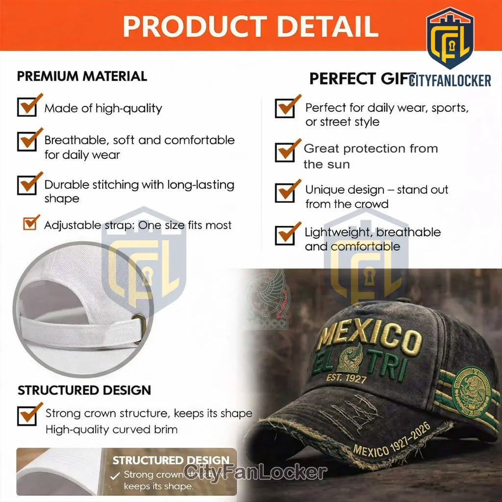 Mexico El Tri 1927-2026 Centenary Vintage Embroidered Distressed Baseball Cap