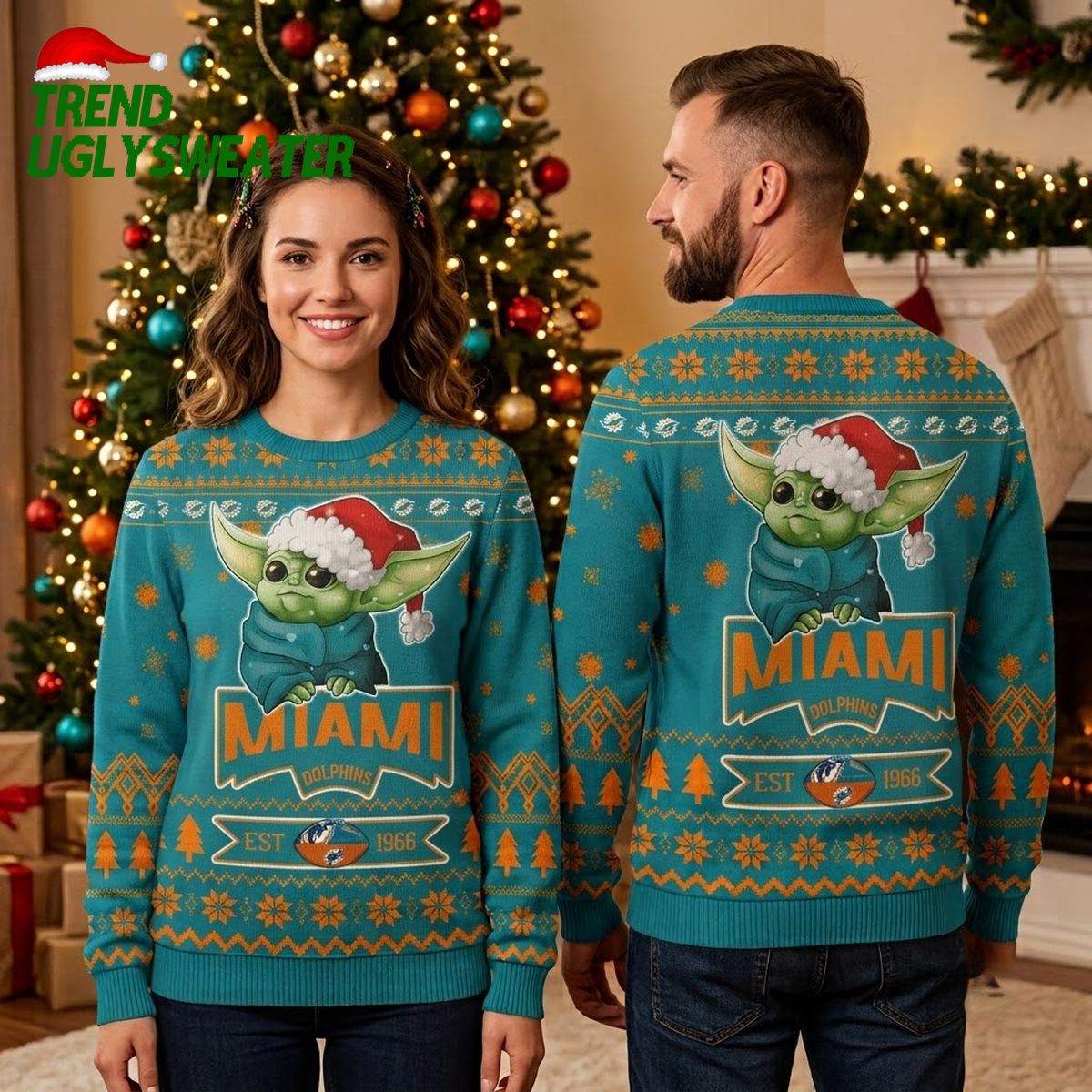 Miami Dolphins Baby Yoda Grogu Ugly Christmas Sweater