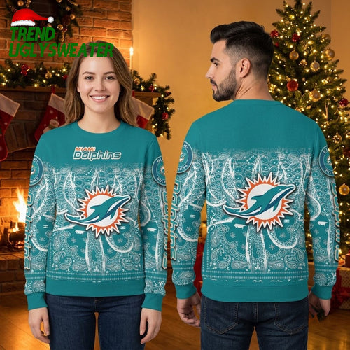 Miami Dolphins Bandana Pattern Ugly Christmas Sweater Design