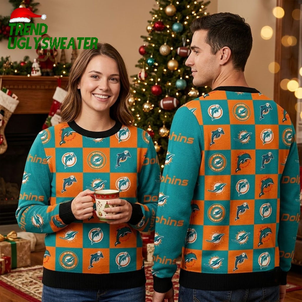 Miami Dolphins Checkered Flannel Logo Ugly Christmas Sweater