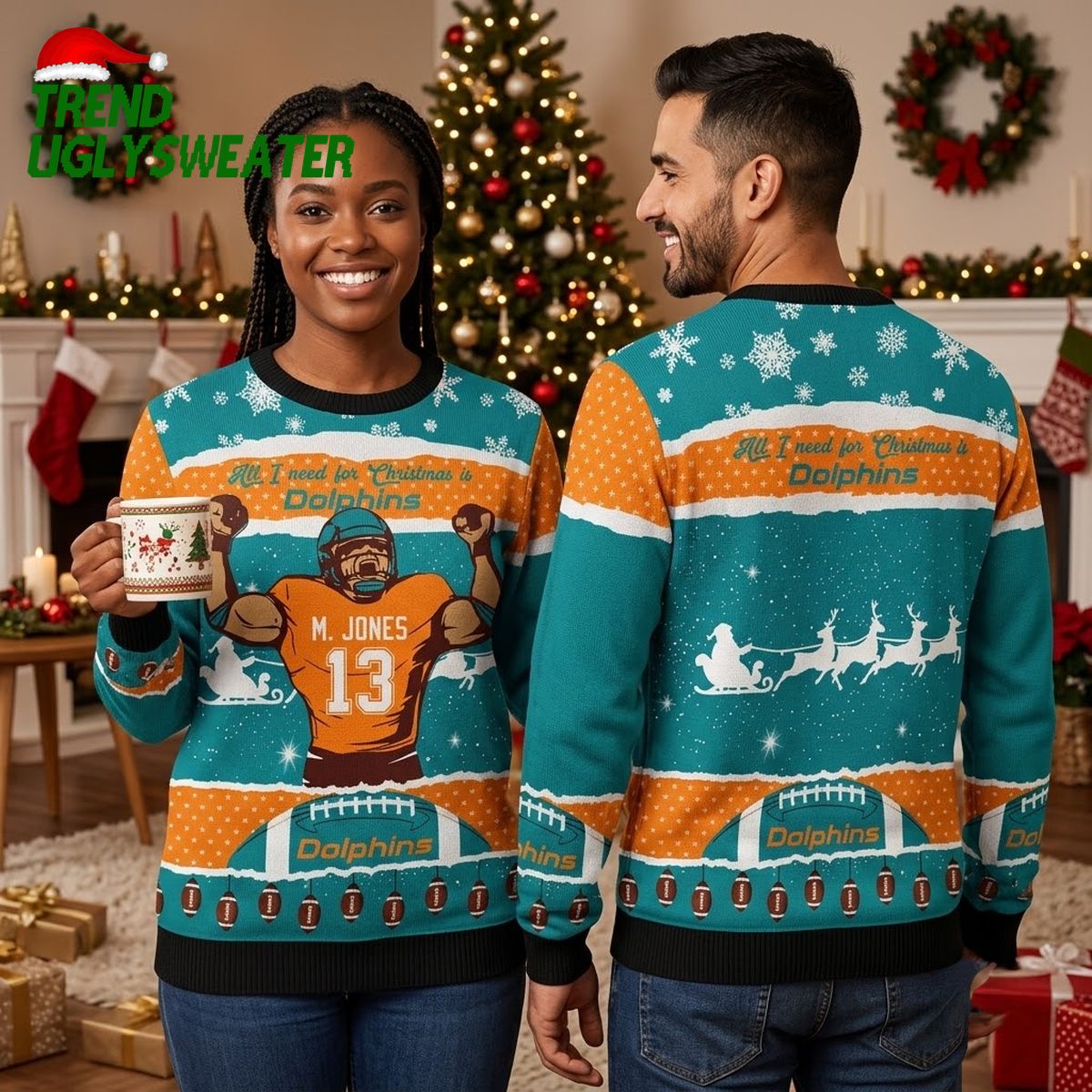 Miami Dolphins Christmas Sweater With Santa And Player Design