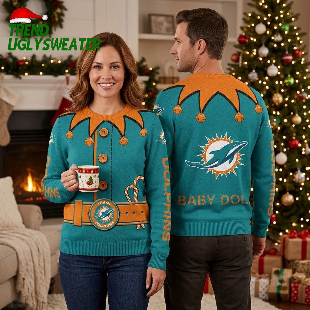 Miami Dolphins Custom Name Elf Ugly Christmas Sweater