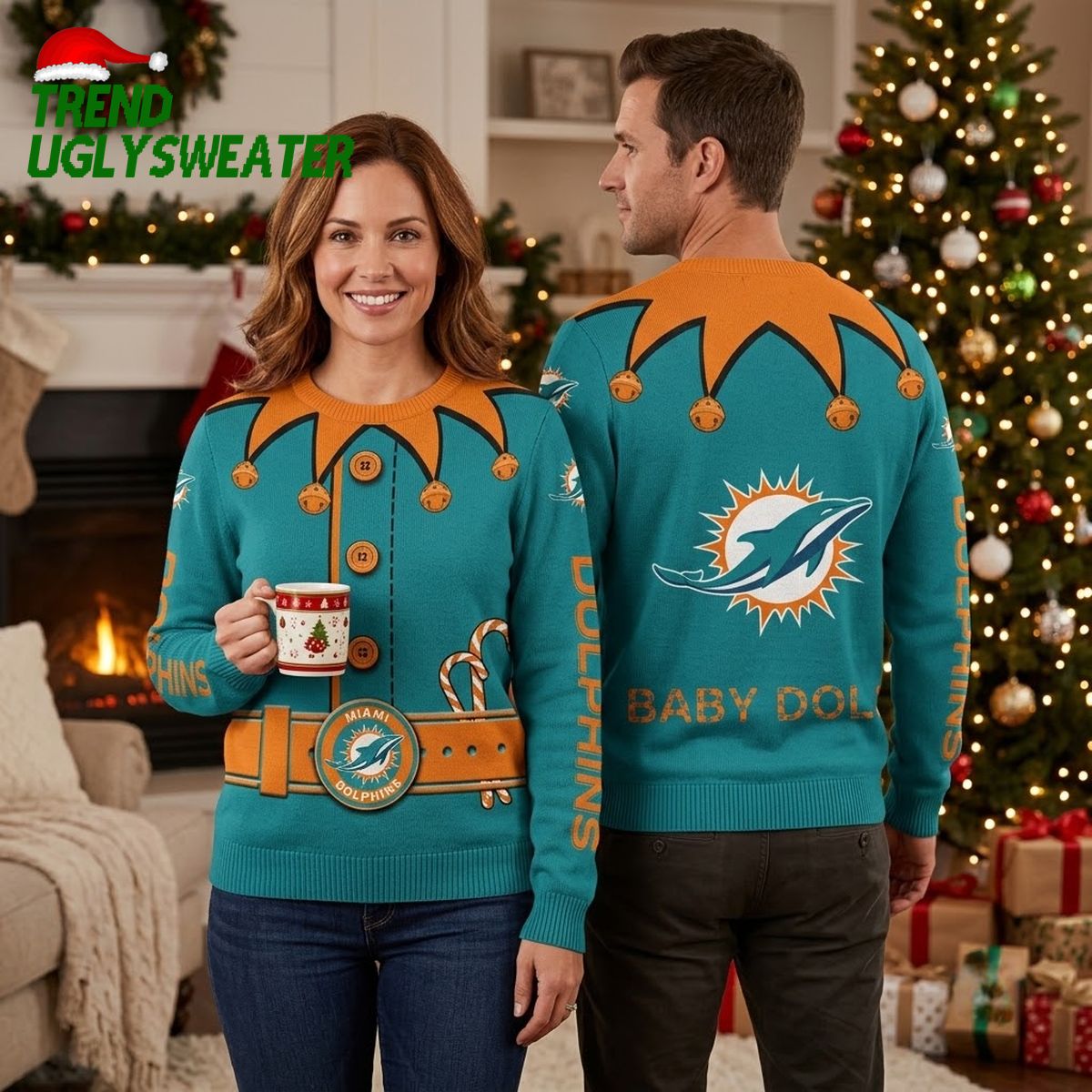 Miami Dolphins Custom Name Elf Ugly Christmas Sweater