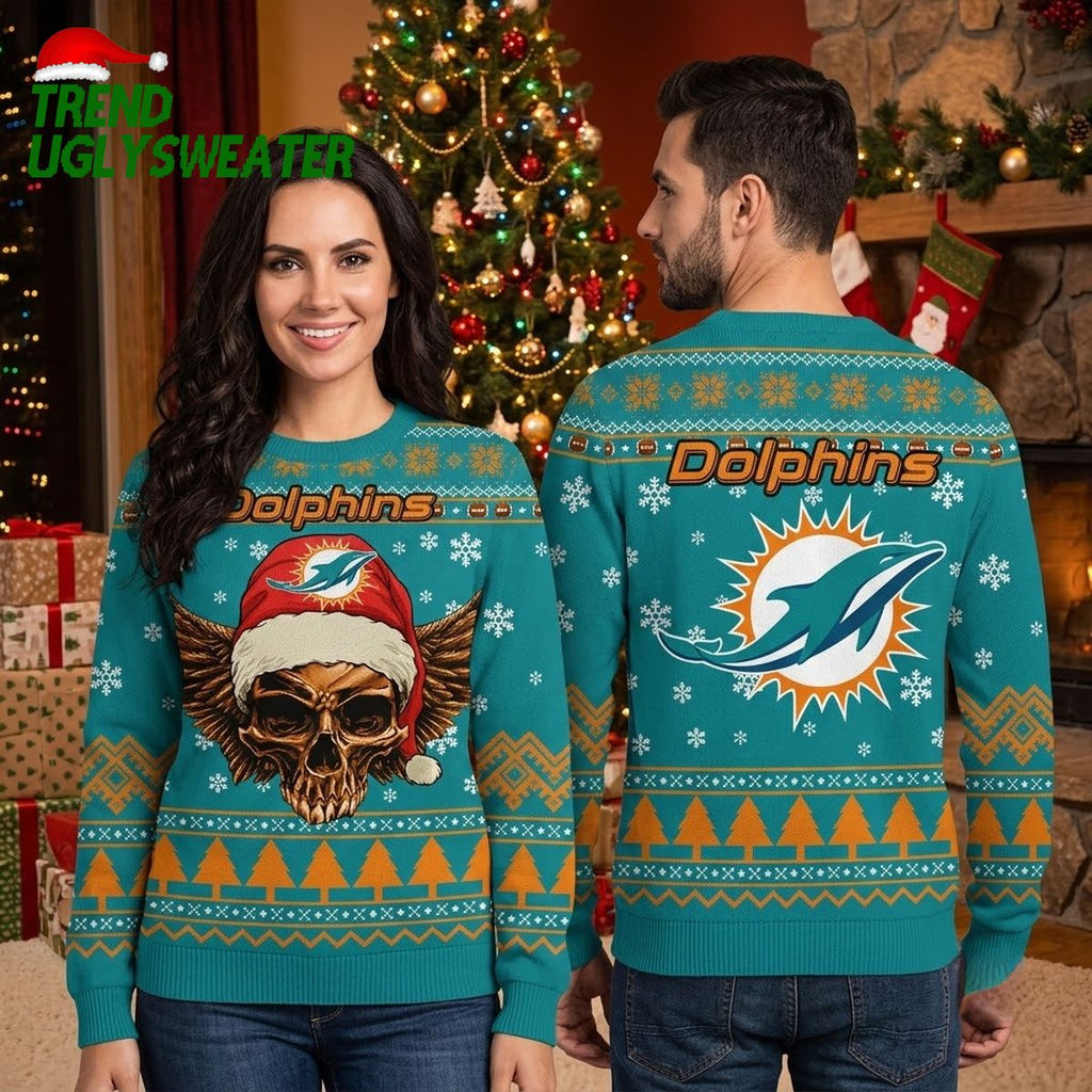 Miami Dolphins Golden Skull Santa Hat Ugly Christmas Sweater