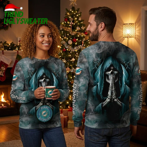 Miami Dolphins Grim Reaper Prayer Ugly Christmas Sweater