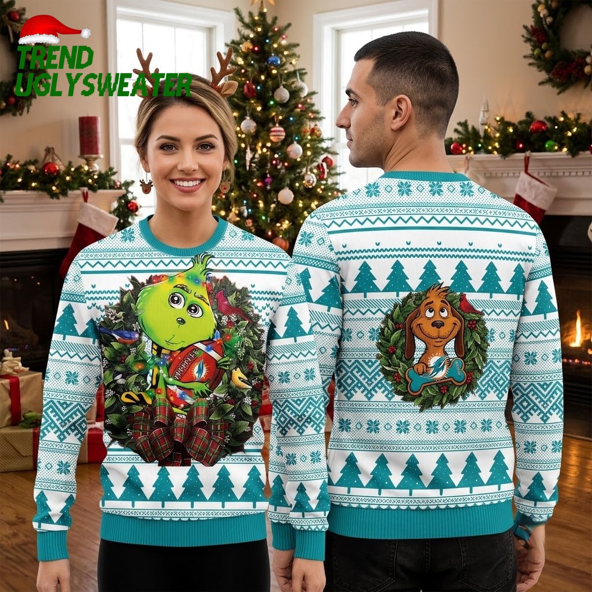 Miami Dolphins Grinch Holding Football Ugly Christmas Sweater