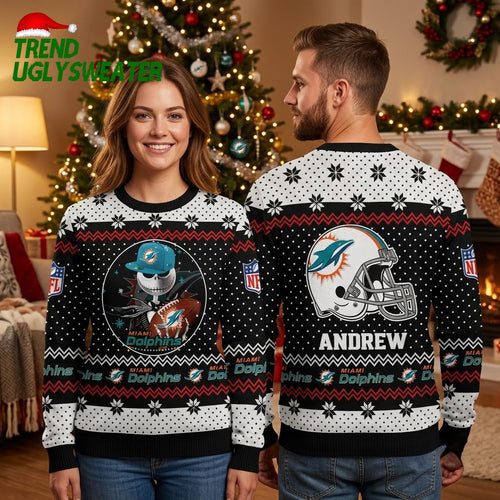 Miami Dolphins Jack Skellington Ugly Christmas Sweater With Custom Name