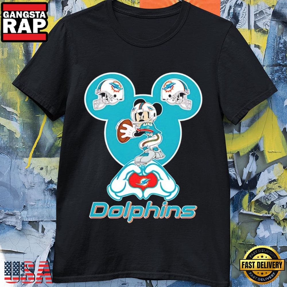Miami Dolphins Mickey Mouse Love Hand Sign Football T-Shirt