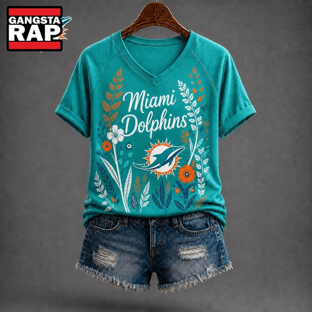 Miami Dolphins NFL Floral Garden V Neck T Shirt