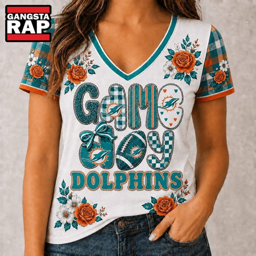 Miami Dolphins NFL Football Flowers Team Pride V Neck T Shirt