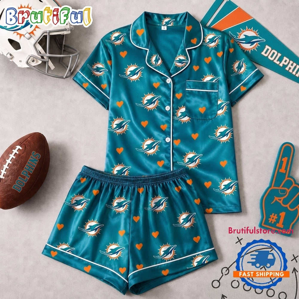 Miami Dolphins NFL Logo Team Love Satin Short Sleeve Pajamas Set