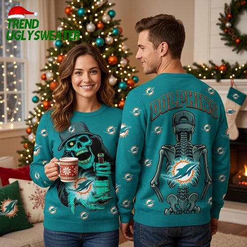 Miami Dolphins Skeleton Holding Drink Ugly Christmas Sweater