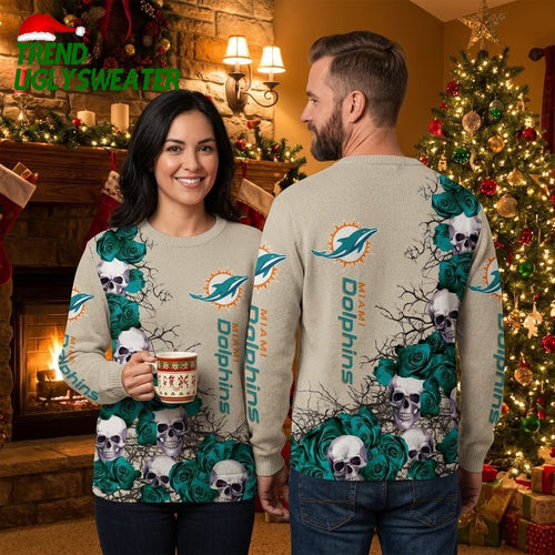 Miami Dolphins Skull And Rose Graphic Ugly Christmas Sweater