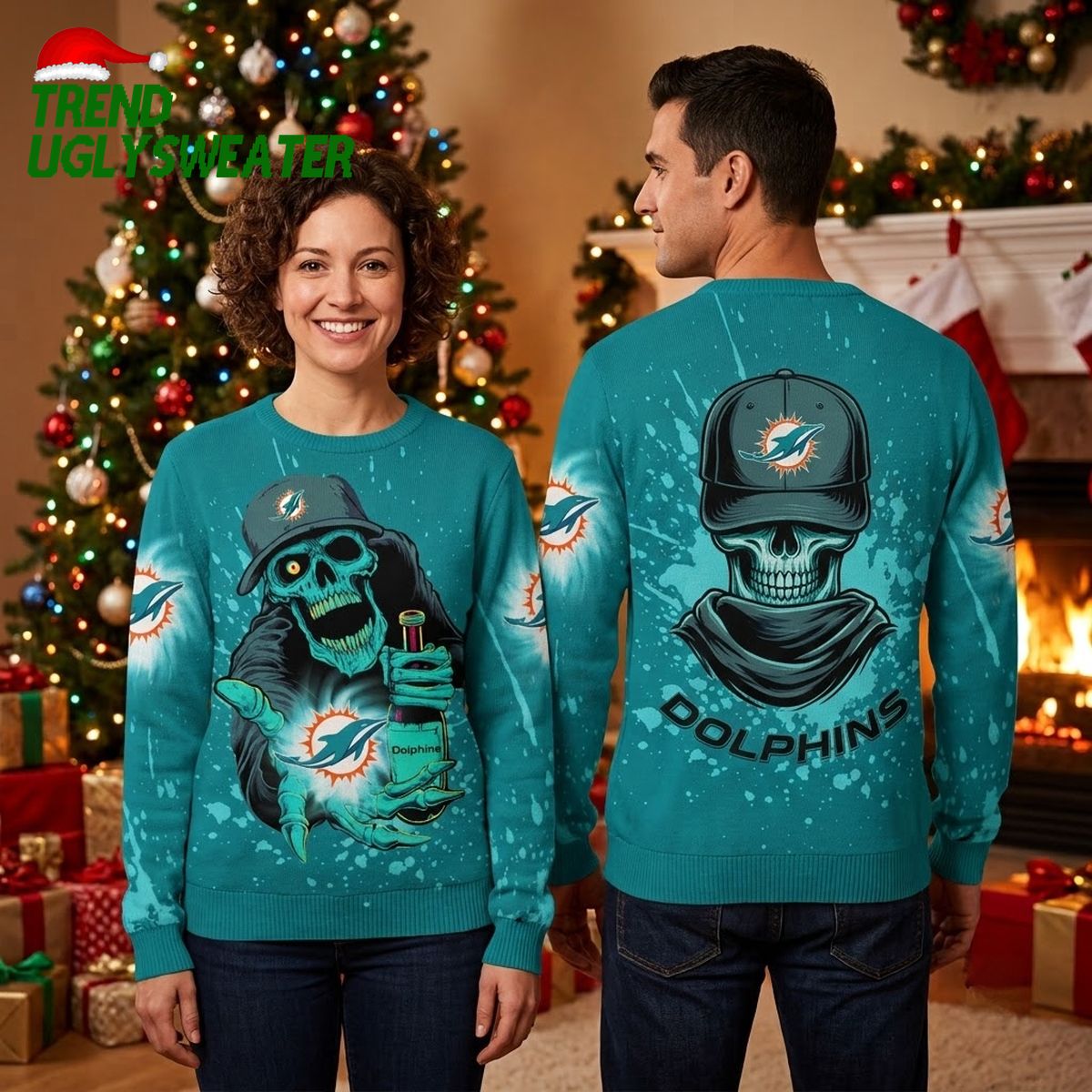 Miami Dolphins Skull Holding Bottle Ugly Christmas Sweater