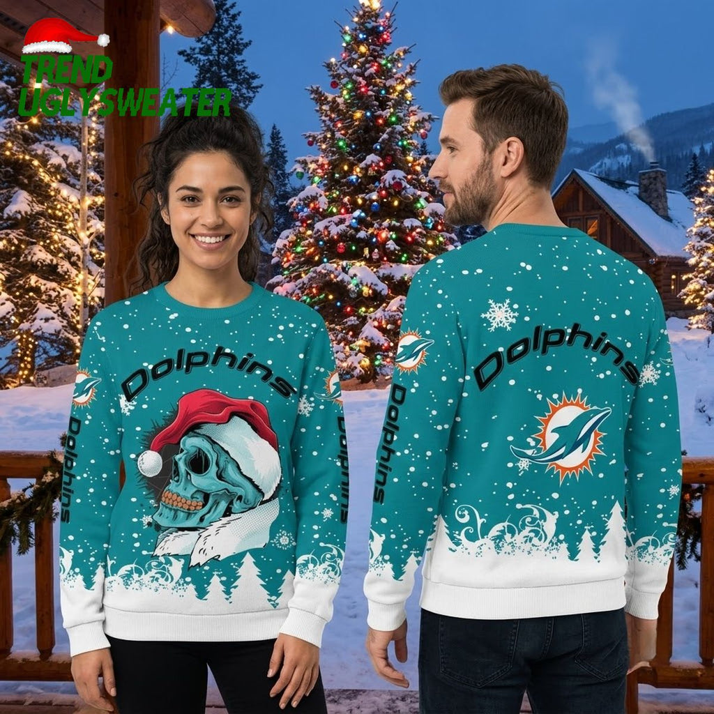 Miami Dolphins Skull With Santa Hat Ugly Christmas Sweater