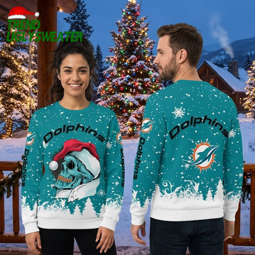 Miami Dolphins Skull With Santa Hat Ugly Christmas Sweater