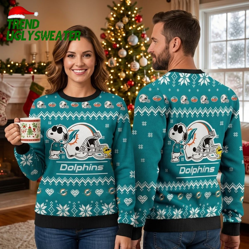 Miami Dolphins Snoopy Football Helmet Ugly Christmas Sweater
