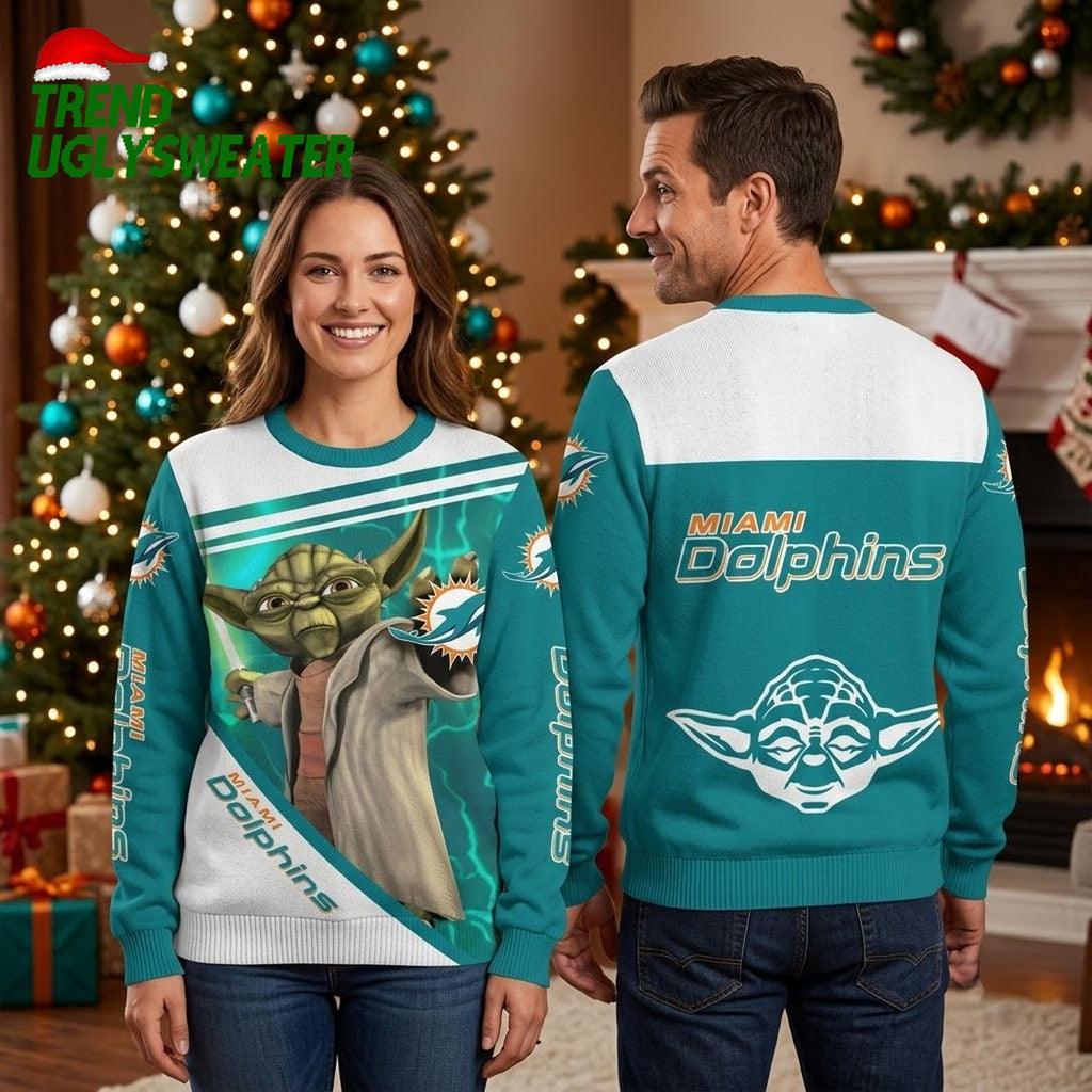 Miami Dolphins Yoda Character Ugly Christmas Sweater