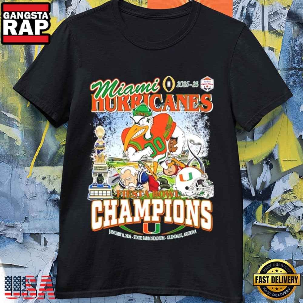 Miami Hurricanes 2025-2026 Fiesta Bowl Champions Mascot Helmet T-Shirt