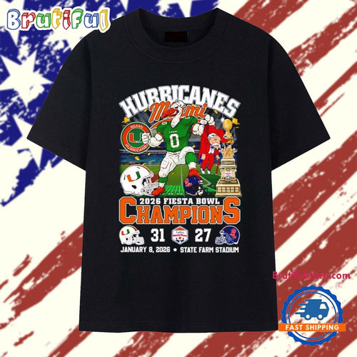 Miami Hurricanes 2026 CFP Vrbo Fiesta Bowl Champions beat Ole Miss 31-27 score mascot T Shirt