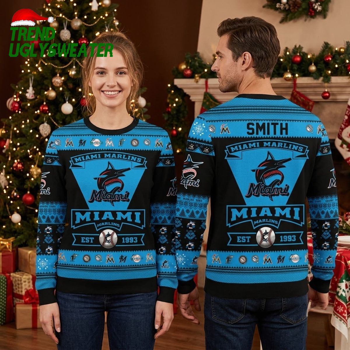 Miami Marlins Custom Name Logo And Baseball Ugly Christmas Sweater