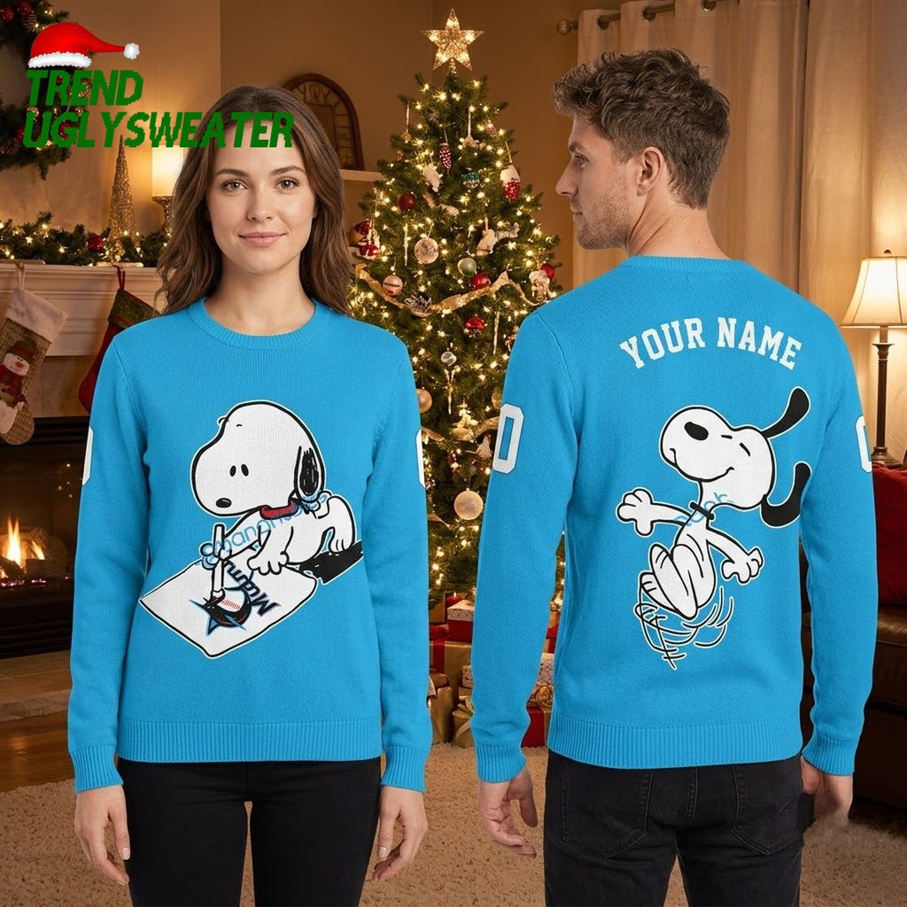 Miami Marlins Snoopy Baseball Custom Name And Number Ugly Christmas Sweater