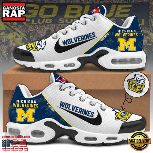 NCAA Custom Name Michigan Wolverines Football Mascot Symbol Air Max Plus Shoes Running Sneakers