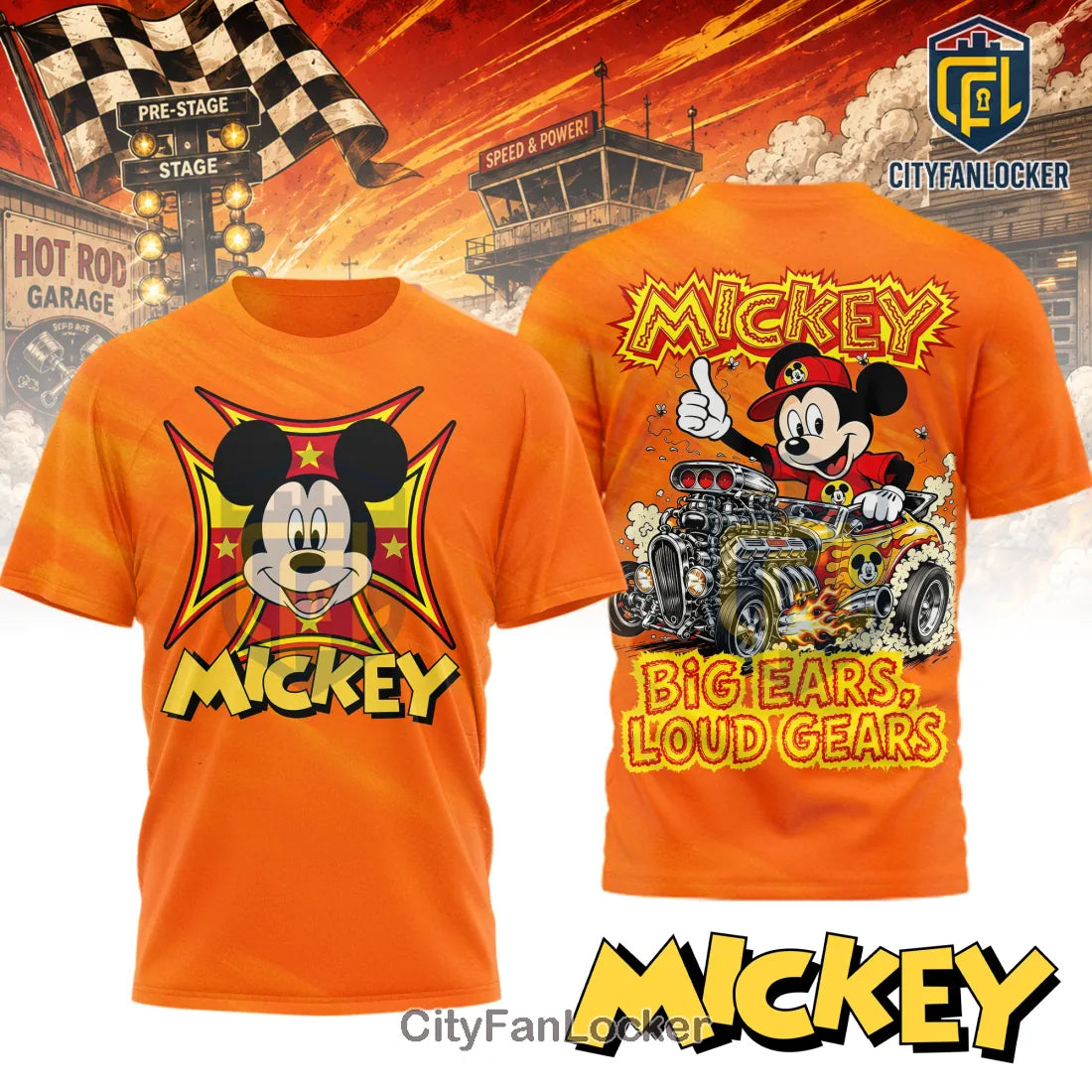 Mickey Mouse Big Ears Loud Gears Hot Rod Orange Shirt