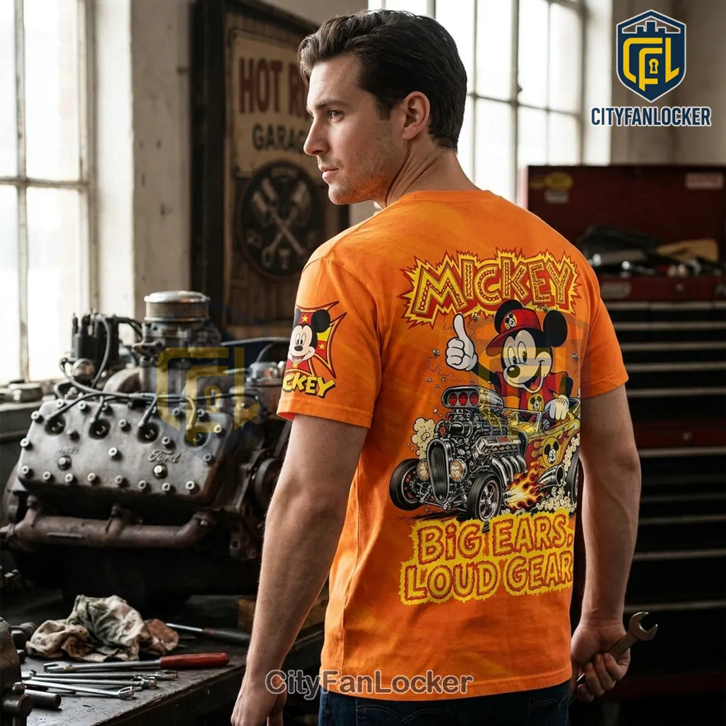 Mickey Mouse Big Ears Loud Gears Hot Rod Orange Shirt
