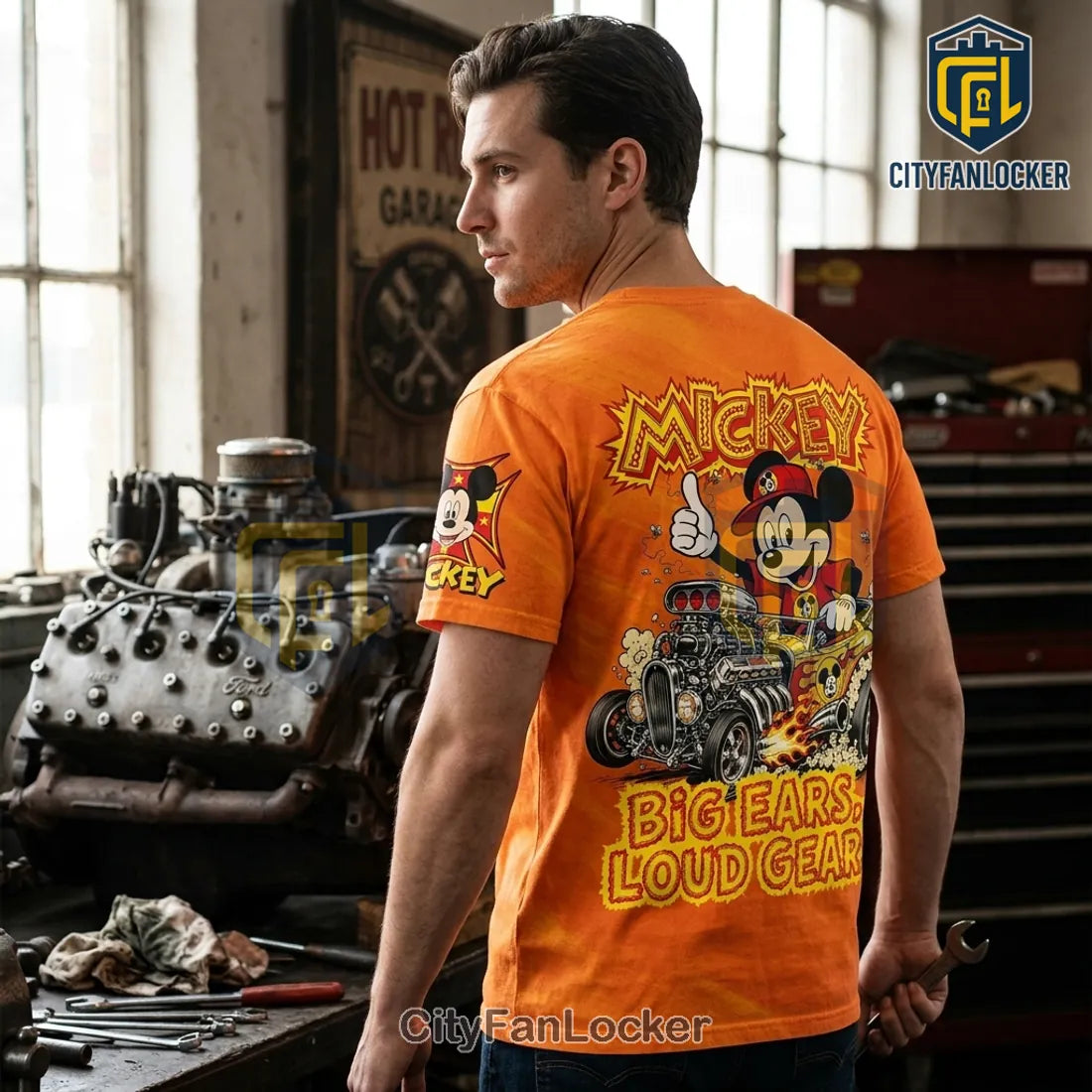 Mickey Mouse Big Ears Loud Gears Hot Rod Orange Shirt
