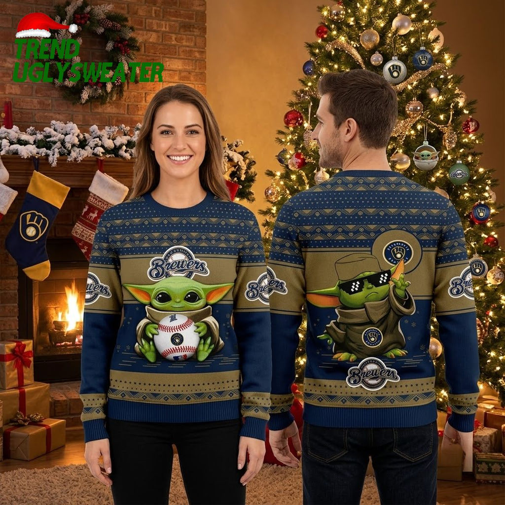 Milwaukee Brewers Baby Yoda Holding Baseball Ugly Christmas Sweater