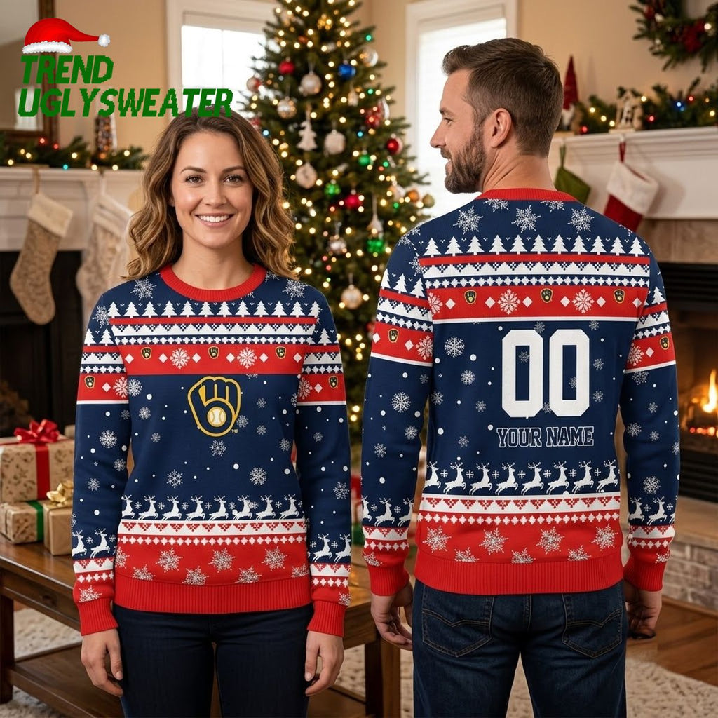 Milwaukee Brewers Custom Name And Number Reindeer Ugly Christmas Sweater