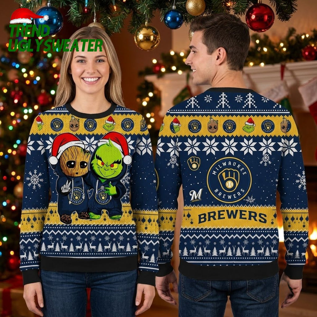 Milwaukee Brewers Groot And Grinch Santa Hats Ugly Christmas Sweater