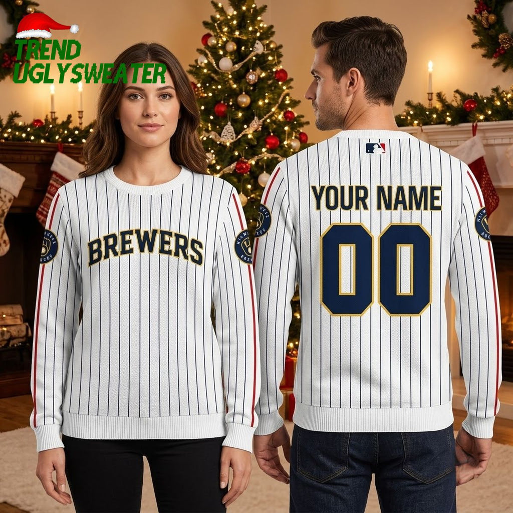 Milwaukee Brewers Personalized White Pinstripe Custom Name And Number Ugly Christmas Sweater