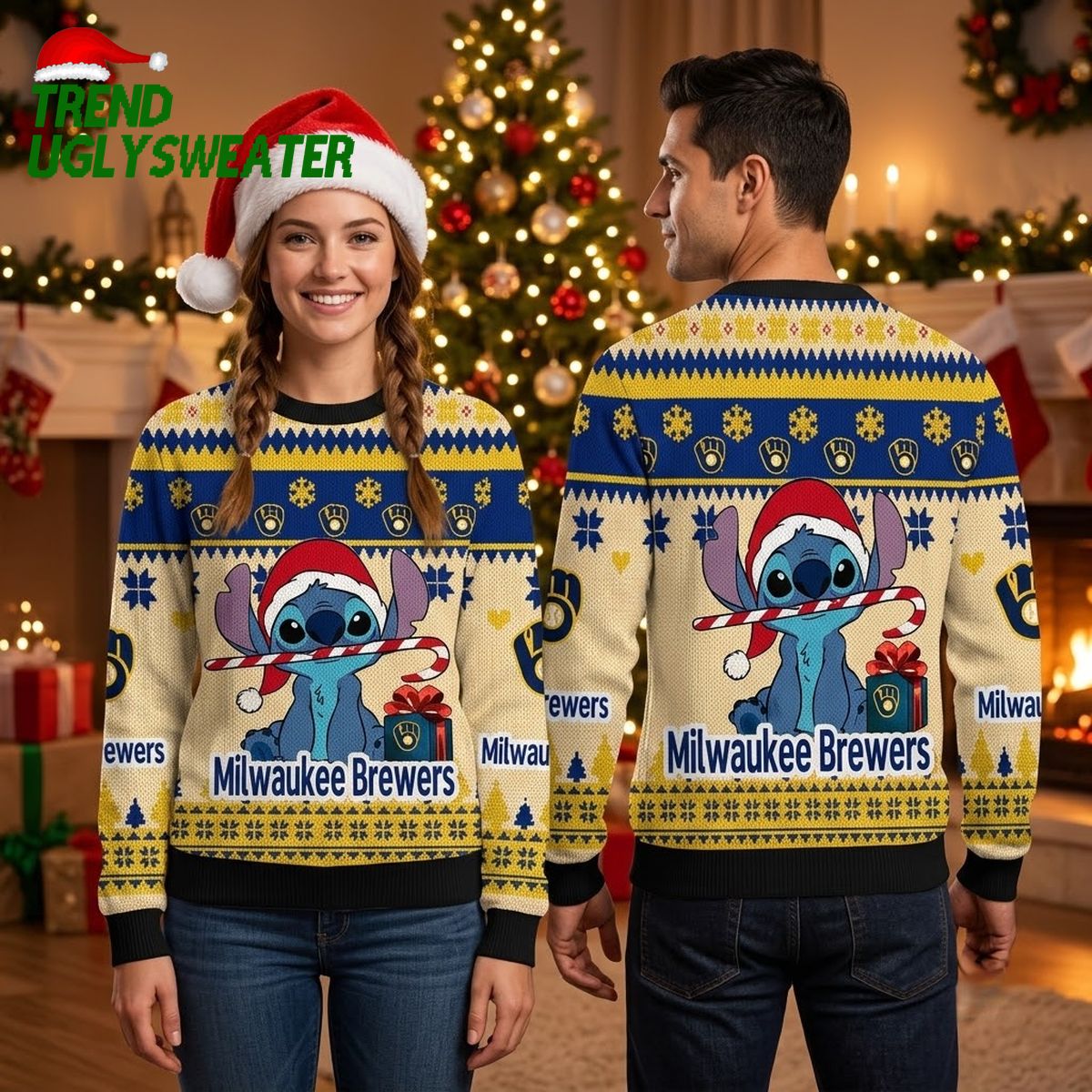 Milwaukee Brewers Stitch Santa Hat Ugly Christmas Sweater