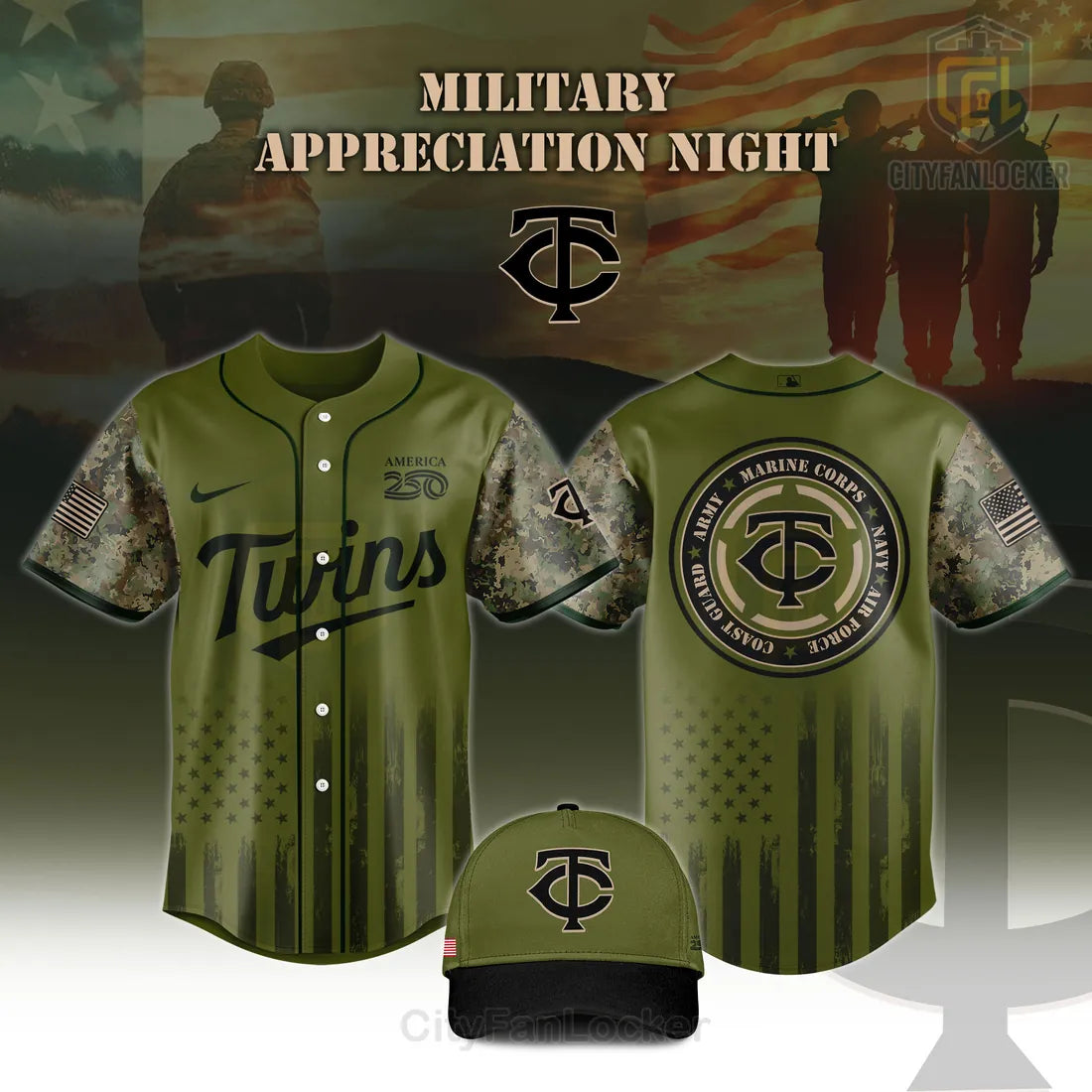 Minnesota Twins 2026 Military Appreciation America 250 Baseball Jersey
