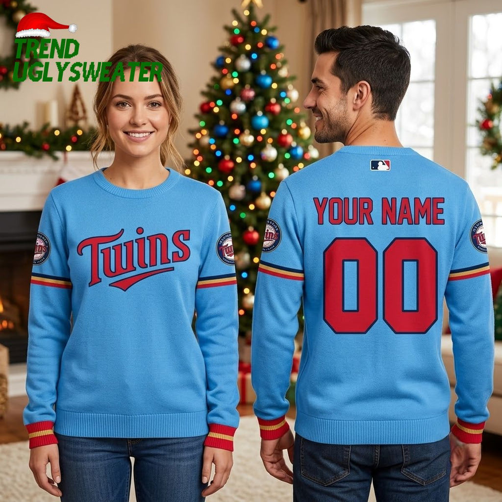 Minnesota Twins Custom Name And Number Blue Ugly Christmas Sweater