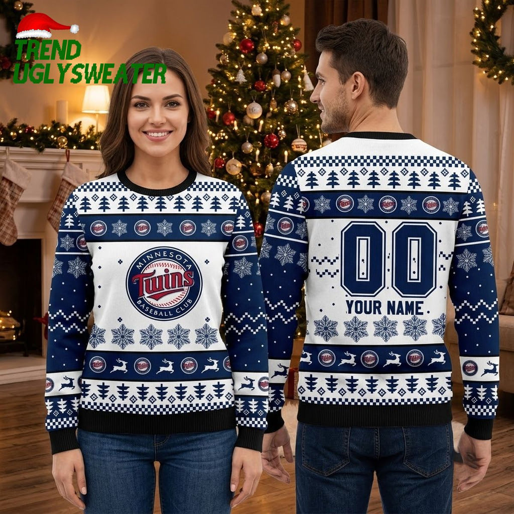 Minnesota Twins Custom Name And Number Snowflake Ugly Christmas Sweater