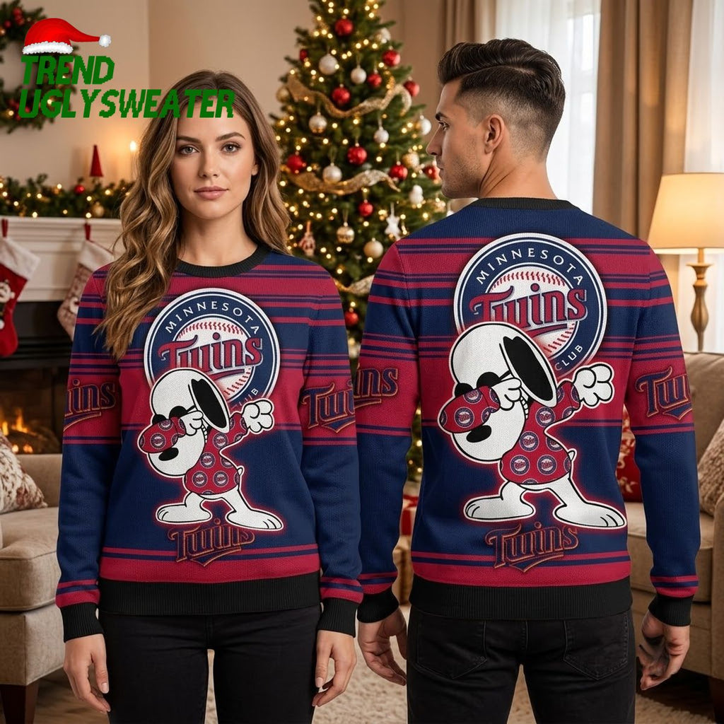 Minnesota Twins Snoopy Baseball Logo Striped Ugly Christmas Sweater