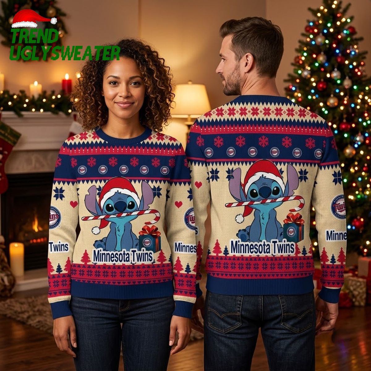 Minnesota Twins Stitch Candy Cane Santa Hat Ugly Christmas Sweater