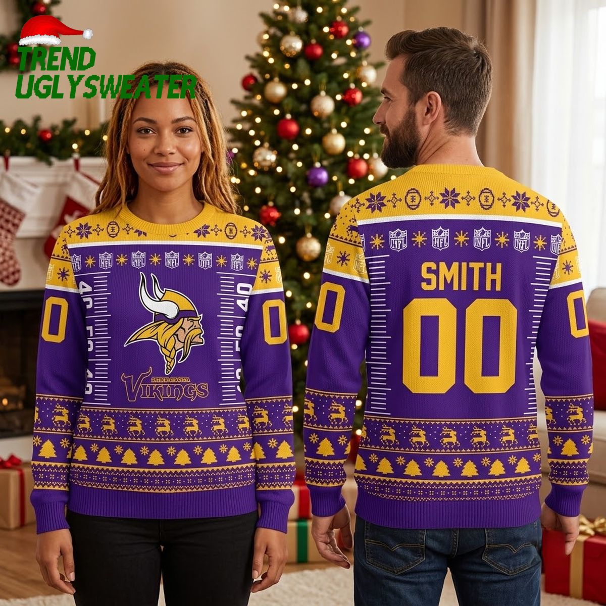 Minnesota Vikings Custom Name And Number Ugly Christmas Sweater