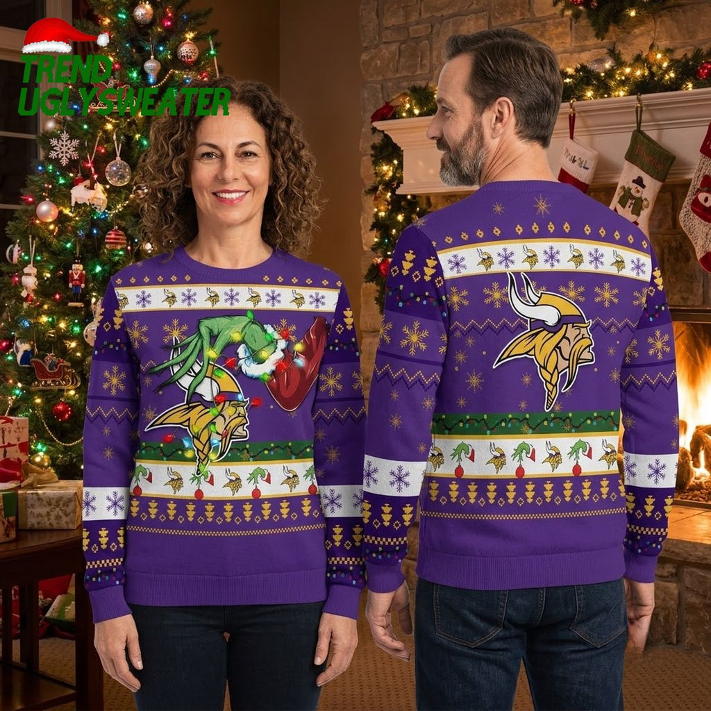 Minnesota Vikings Grinch Hand With Football Ugly Christmas Sweater