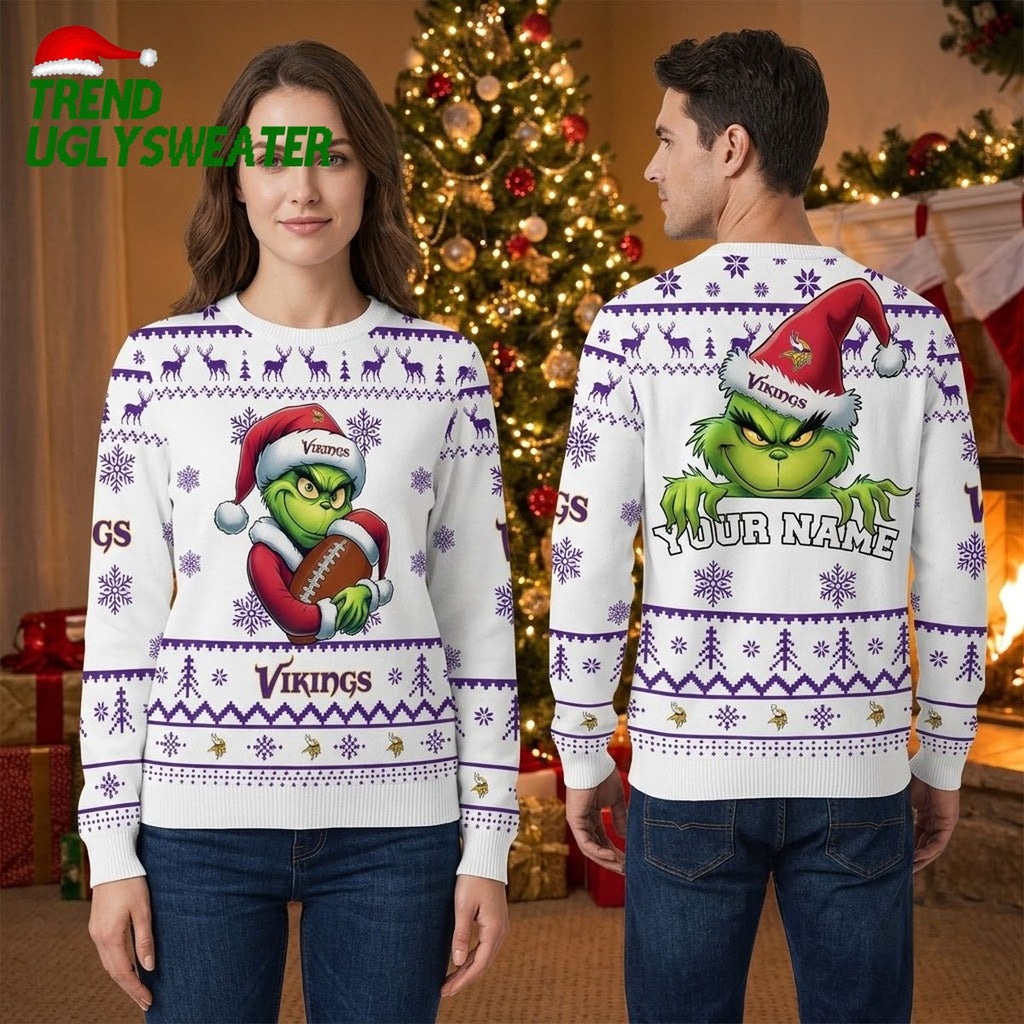 Minnesota Vikings Grinch Santa Hat Football Custom Name Ugly Christmas Sweater
