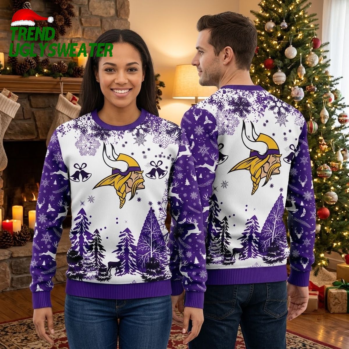 Minnesota Vikings Horned Logo Snowflake Forest Ugly Christmas Sweater