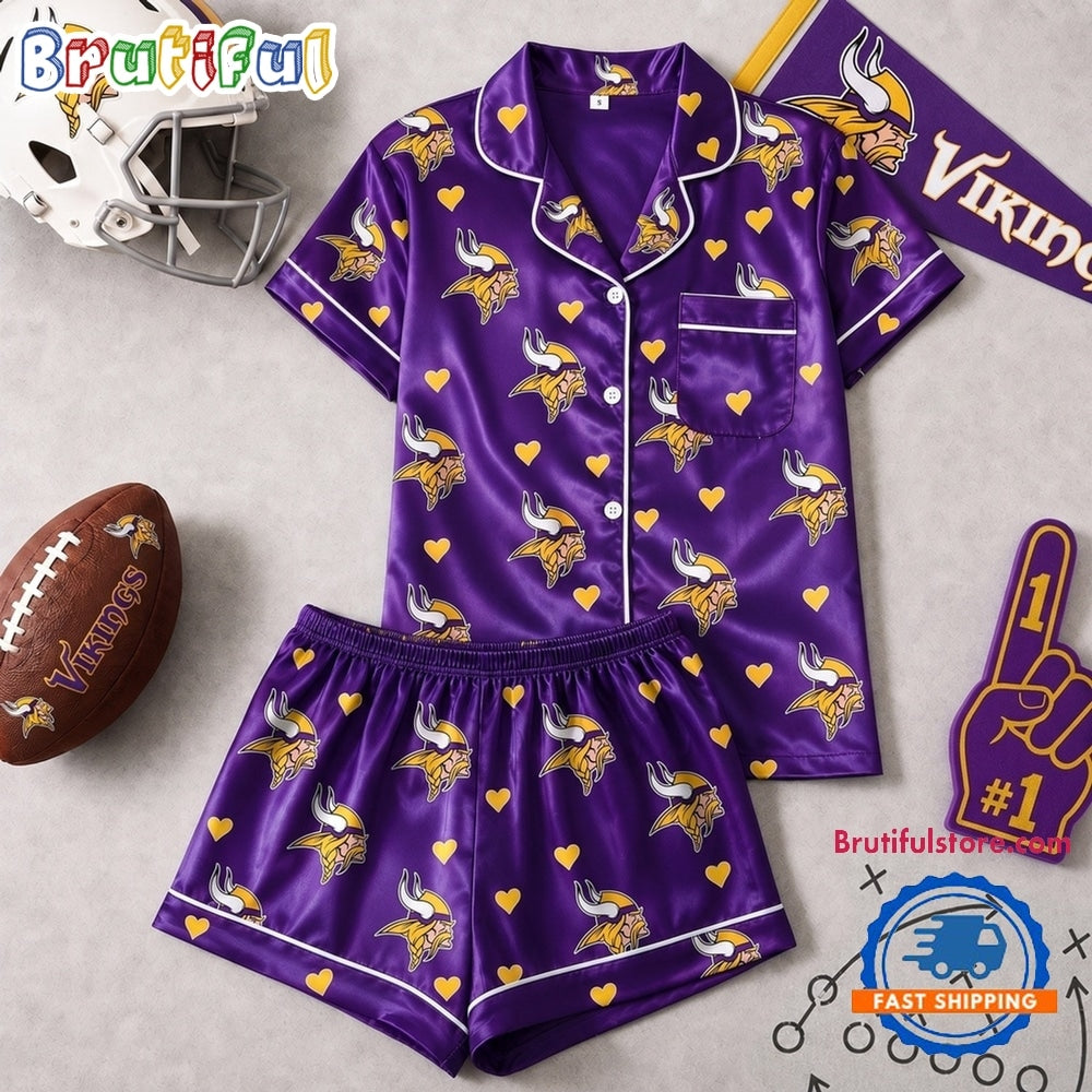 Minnesota Vikings NFL Logo Team Love Satin Short Sleeve Pajamas Set