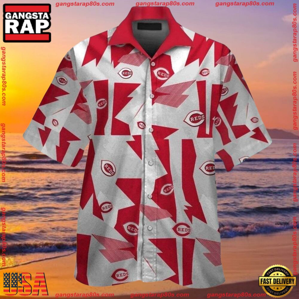 MLB Abstract Red Fanfare Cincinnati Reds Hawaiian ButtonUp Shirts