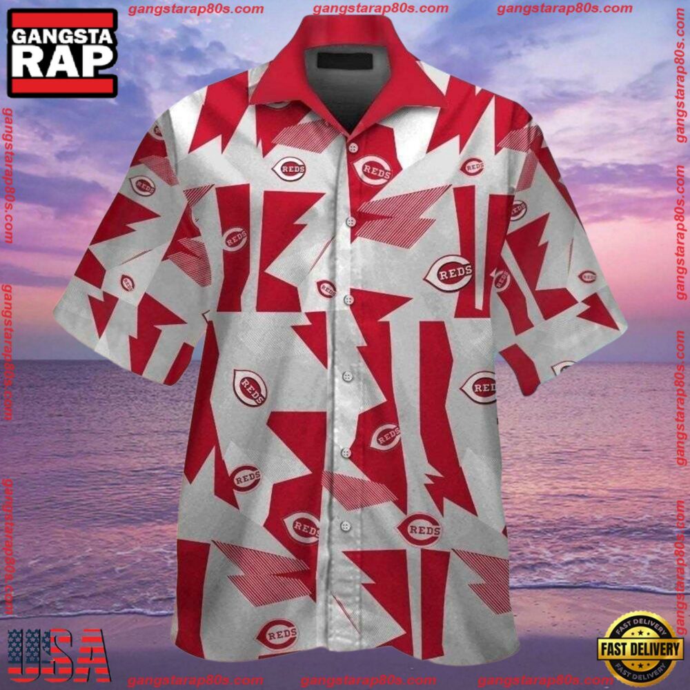 MLB Abstract Red Fanfare Cincinnati Reds Hawaiian ButtonUp Shirts